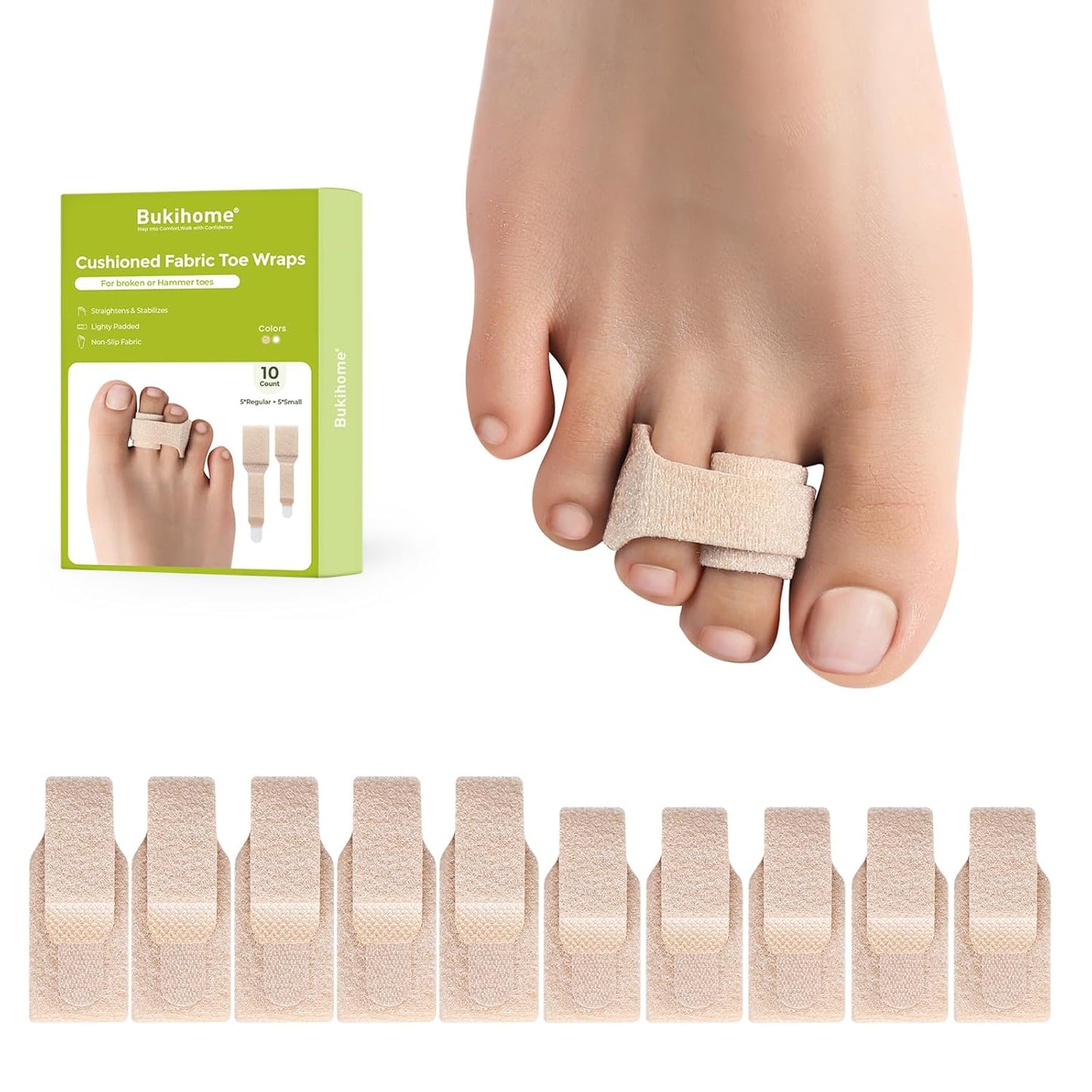 Bukihome Hammertoe Corrector - 10 Pack Toe Straighteners - Broken Toe Wraps - Realign Bent, Curled, Crooked, Claw, Hammer Toes - Toe Corrector Splints for Men and Women (5 Large + 5 Small, Beige)