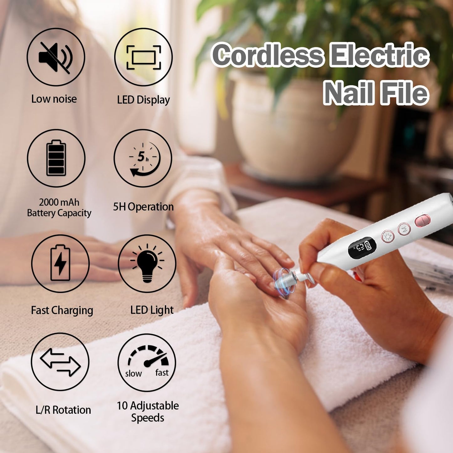 Electric Nail File, 10 Speeds Cordless Nail Drill with LED Light, Portable Manicure Pedicure Kit for Acrylic Gel Nails Thick Toenails Nail Grind, Hand Natural Nails Care - 10 Bits & 120 Sanding Bands