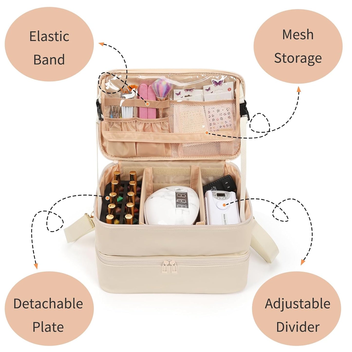 Ethereal Nail Polish Organizer Case, Leather Nail Polish Bag Holds 50+ Bottles (5ml/0.5fl.oz) and Nail Lamp, Nail Storage Organizer with Compartment, Leather White