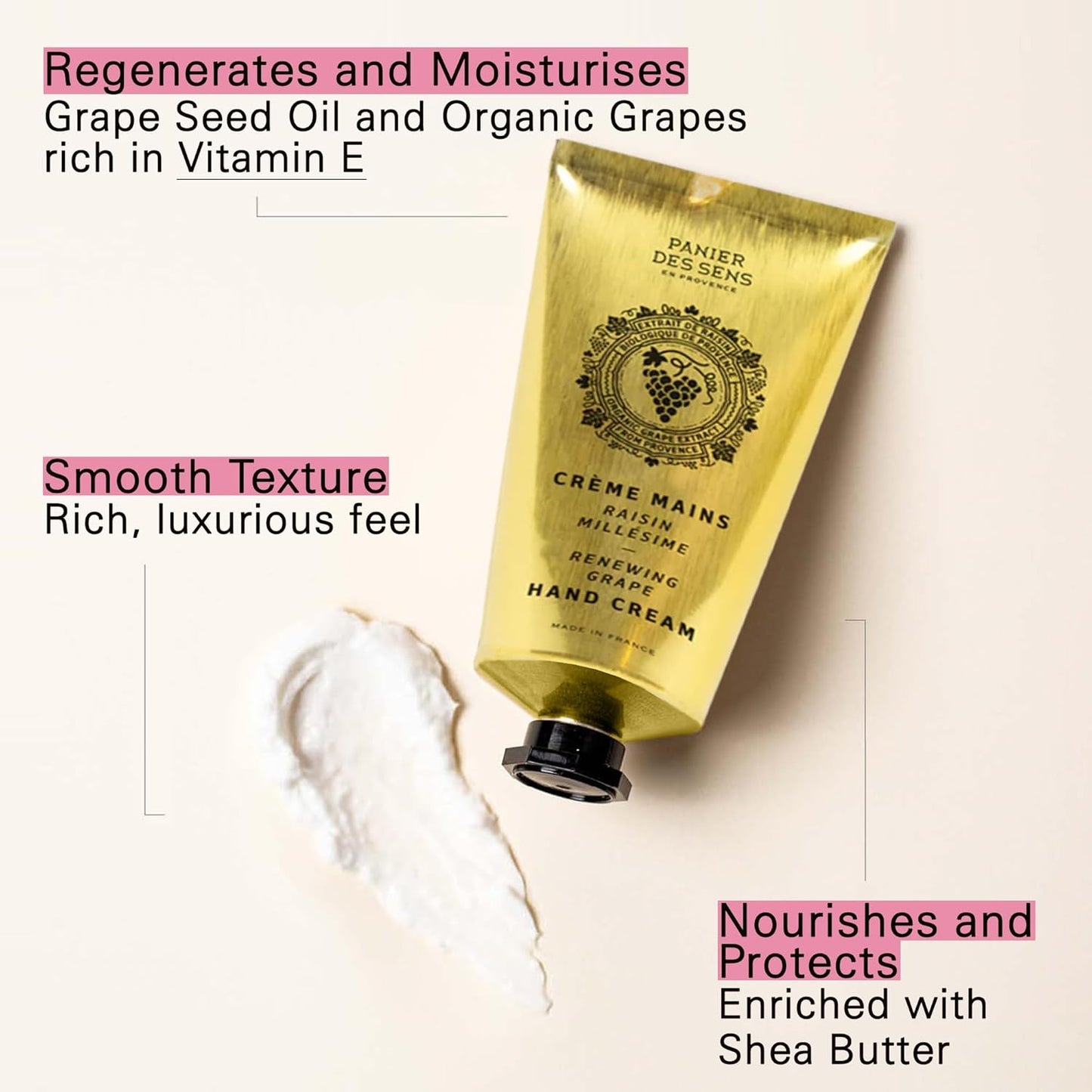 Panier des Sens Grape Hand Cream - Nourishing Shea Butter Hand Cream for Dry Cracked Hands 97% Natural Ingredients - Dermatologically Tested Hand Lotion for Woman Made in France, 2.5 fl oz