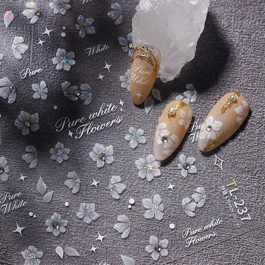 White Flower Nail Art Stickers - 5D Embossed Decals, Self-Adhesive Rhinestone Nails - Spring Flower Theme