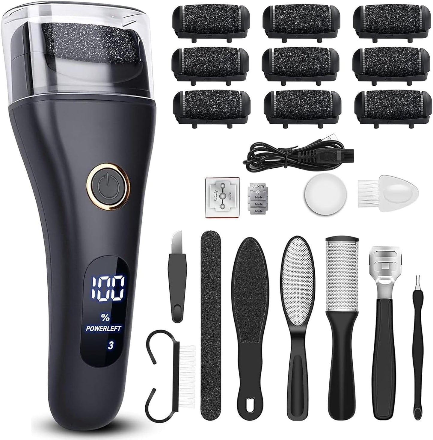 Electric Foot File Callus Remover for Feet - 9pcs Larger Grinding Head&3Speed, Pedicure Kit Foot Scrubber Deadskin Callus Remover, Foot Care Kit Pedicure Tools for Dead Skin Callus Hardskin Dry Cracks