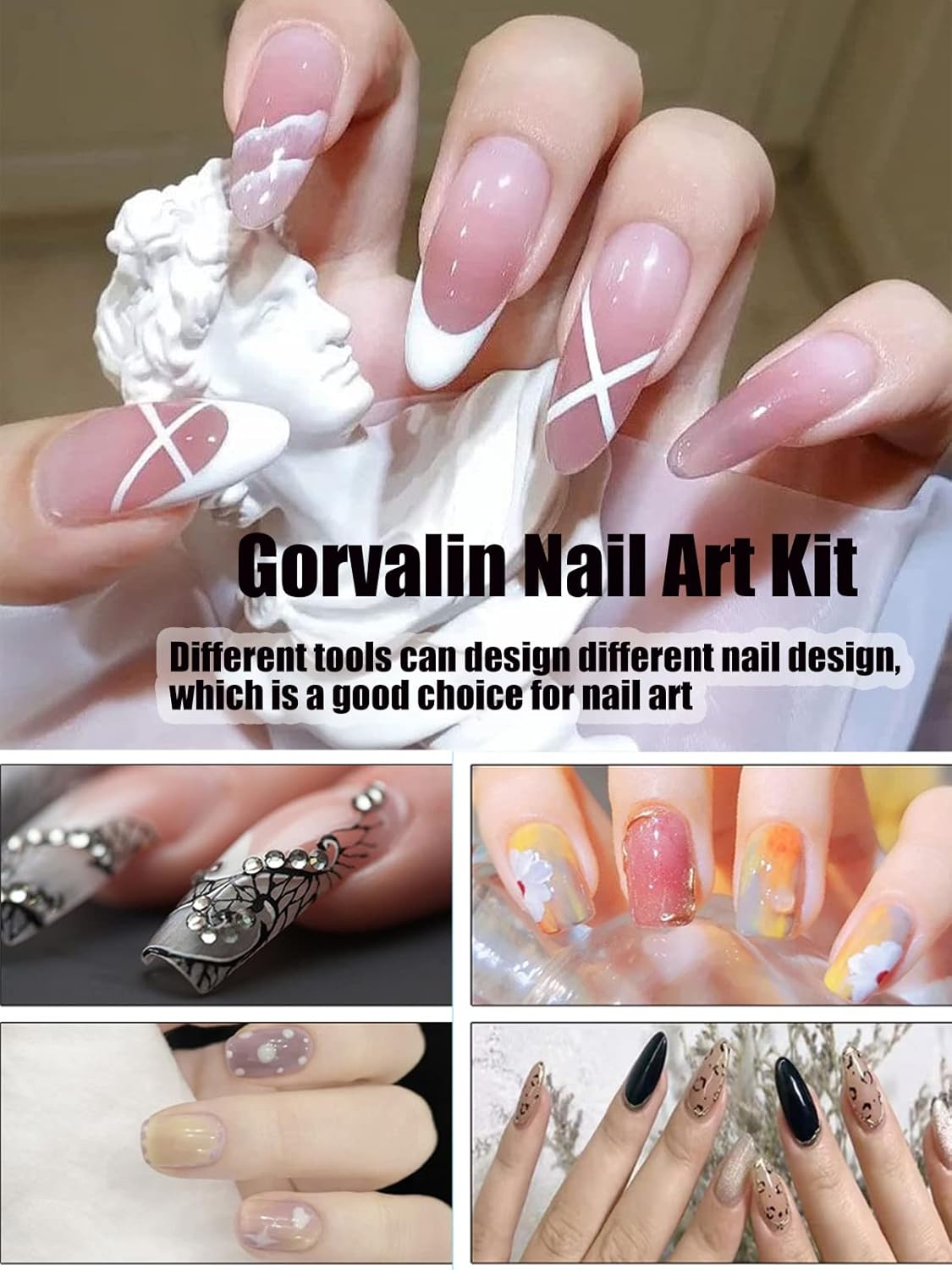 French Nail Stamper Gel Nail Polish Kit with Nail Art Brush Dotting Pens, Gorvalin Black & White UV Gel Nail Polish French Manicure Kit for French Tips DIY Nail Design