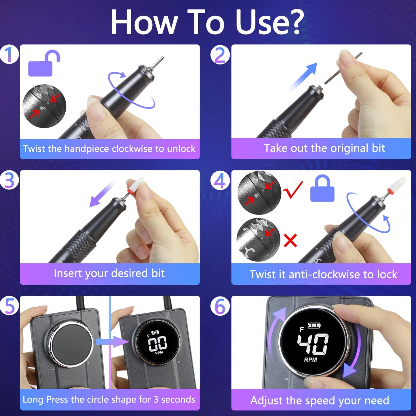 Yokefellow Nail Drill Machine, 40000 RPM Rechargeable & Desktop Portable Engraving Drill for Glass Engraving Pen Tools Grey