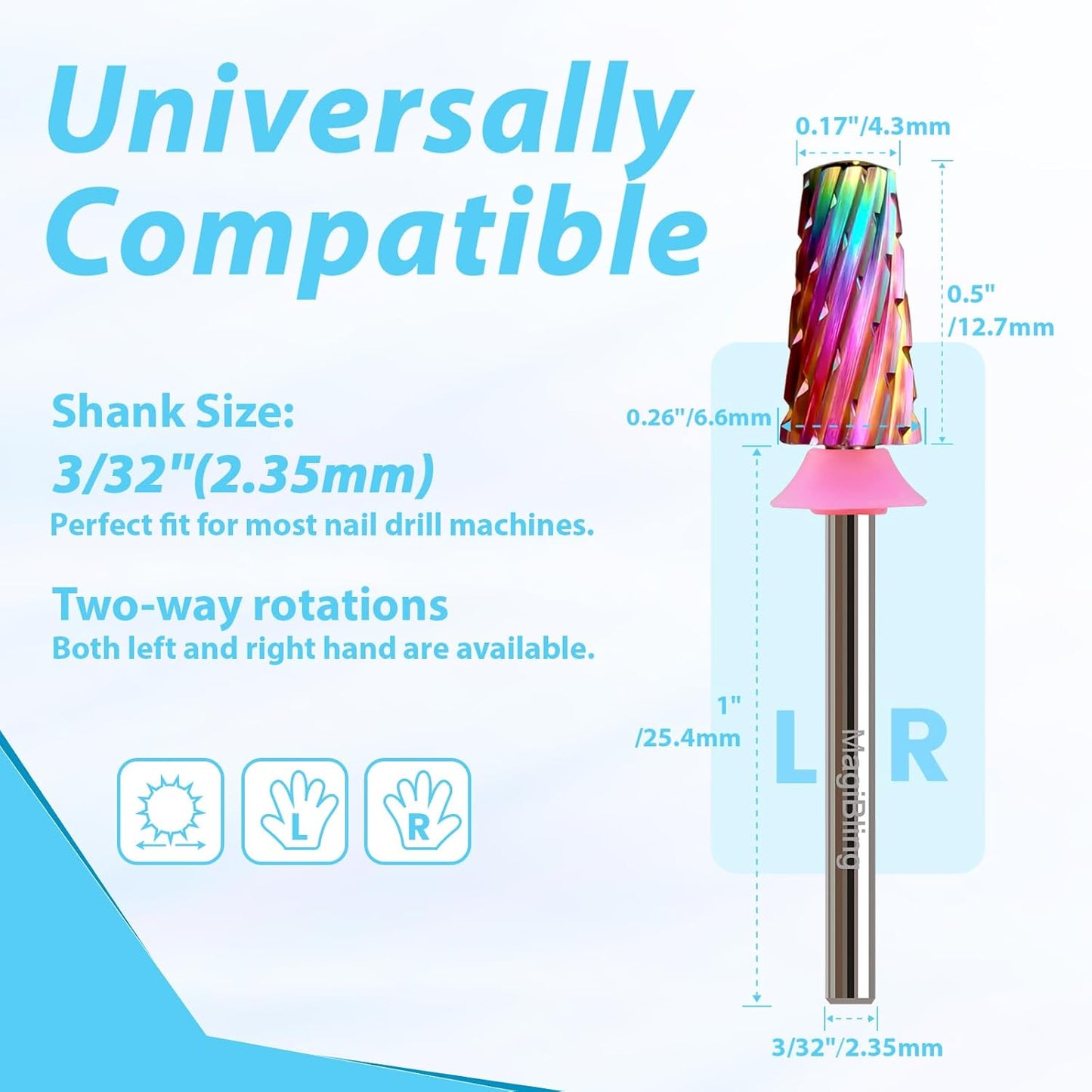 Round Top Nail Drill Bits, Cross Cut Tapered 3/32'' Safety Tungsten Carbide Professional Bit, Remove Gel Fast, Left Right Hand Use, Acrylic Nail Polish, Technicians Bits, Triple Coarse.
