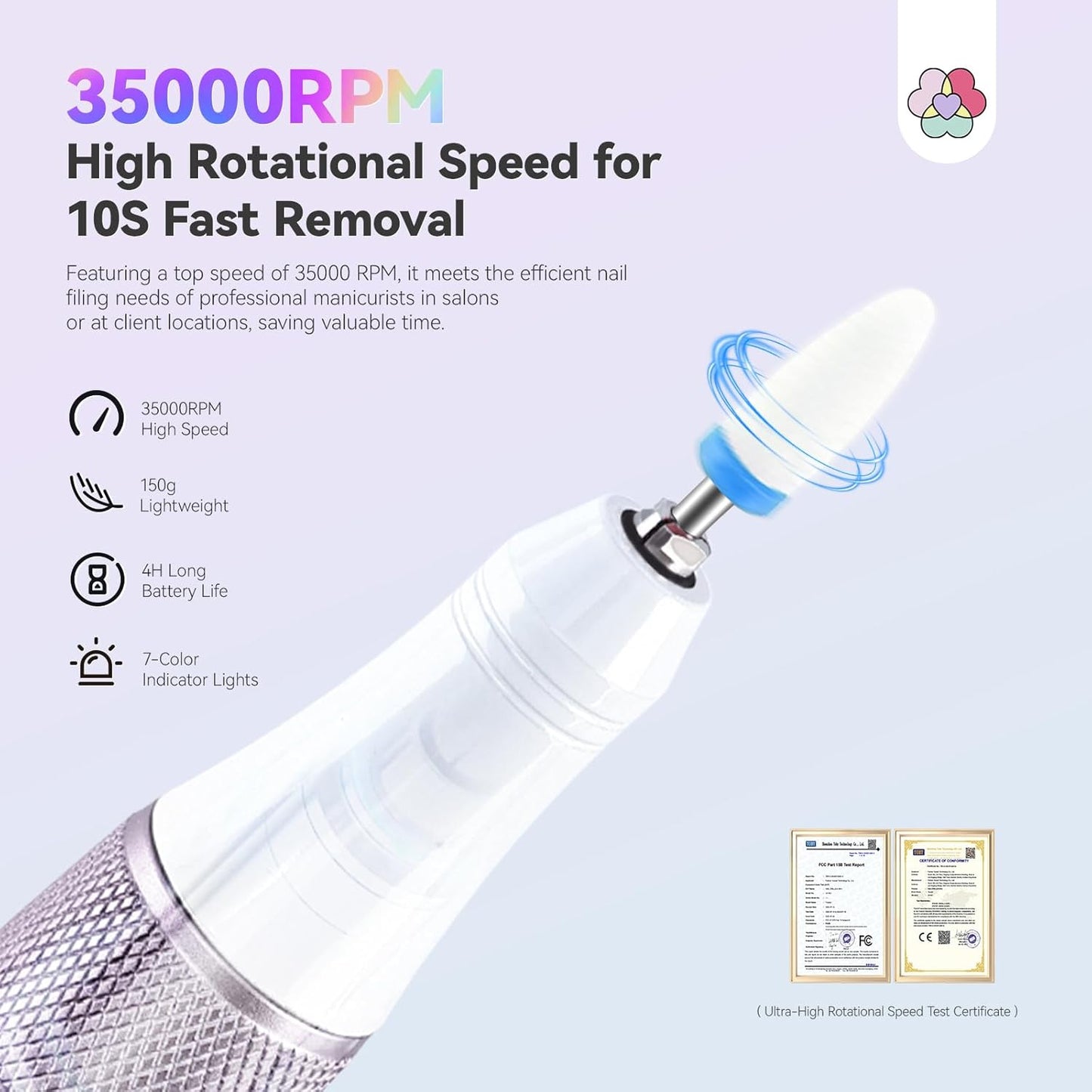 SAVILAND Advanced Cordless Electric Nail Drill: 10S Fast Removal 35000 RPM High Speed Nail File Kit for Acrylic Nail Tool Professional Rainbow Light LED Display Pro Manicure Kit Salon Travel Nail Tech