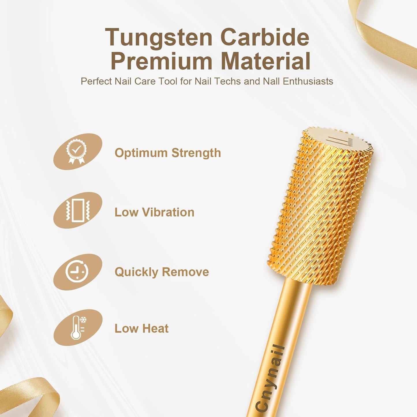 3/32" Large Barrel Flat Top Tungsten Carbide Nail Drill Bit Safety Bit for Gel & Acrylic Removal, 2-Way Rotating Efile Tip, Salon Electric File Accessory (F Grit, Gold)