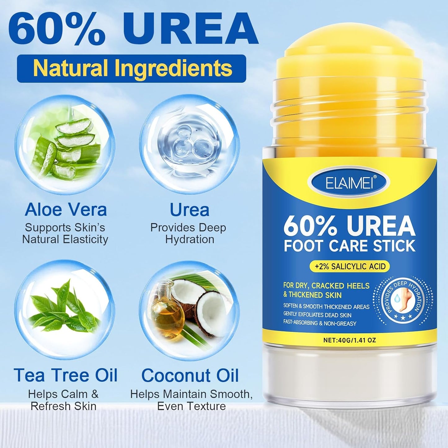 60% Urea with 2% Salicylic Acid Urea Foot Care Stick, Foot Cream Stick for Dry Cracked Heels, Feet Callus Remover, Hands Knees Exfoliating Dead Skin,Callus Remover & Skin Softener -1.41oz