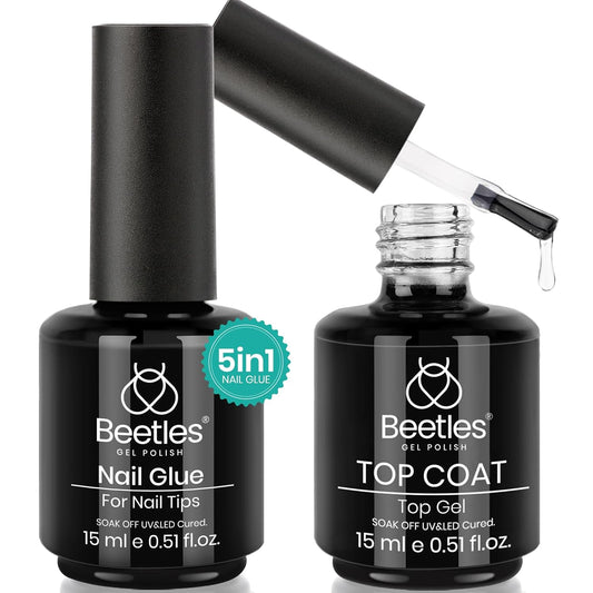 Beetles Gel Nail Glue and No Wipe Top Coat Kit, 2Pcs 15ml 5 In 1 UV Nail Glue for Acrylic Nail Tips Clear Press On Nails, Easy Nail Extension Gel, Soak Off LED Shine Finish DIY Home Manicure