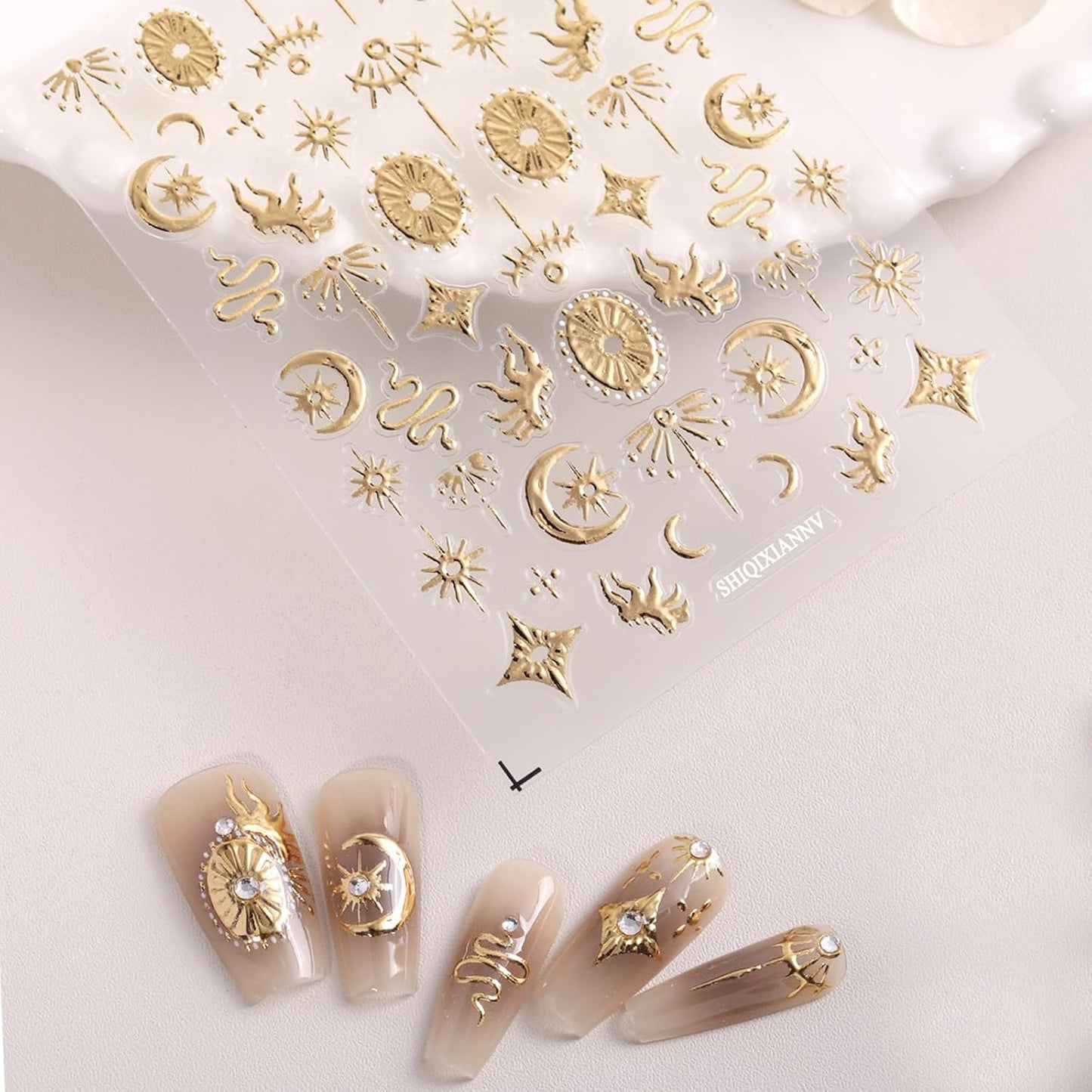 Gold Snake Nail Art Stickers 5D Self-Adhesive Embossed Moon Sun Pattern Design Nail Decals Retro Gilded Snake Nail Supplies for Women Girls DIY Summer Manicure Decoration Exquisite Cardboard 1 Sheet