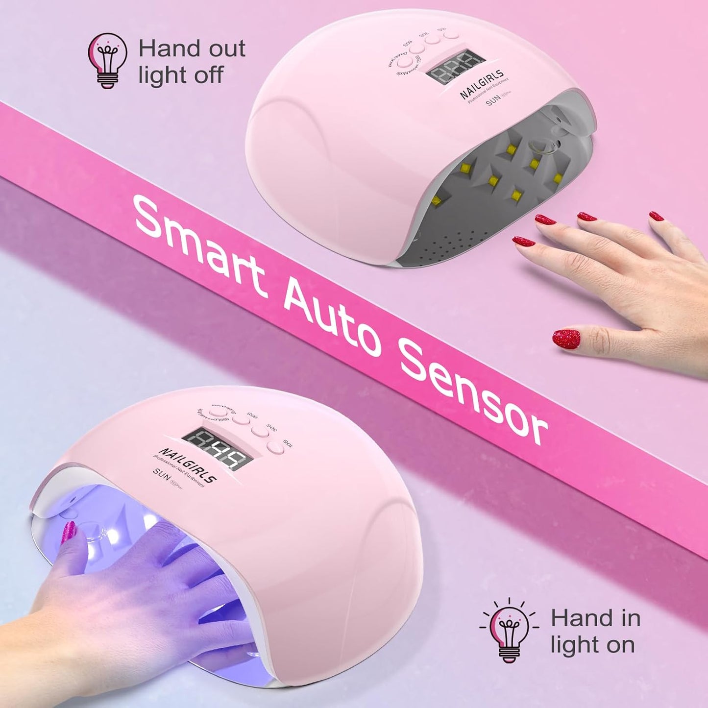 NAILGIRLS UV Nail Lamp 150W for Gel Polish, Professional Fast Curing UV Light for Gel Nails with 36pcs Lamp Beads, 4 Times with LCD Display Auto Sensor, Gift for Women Girl, Pink