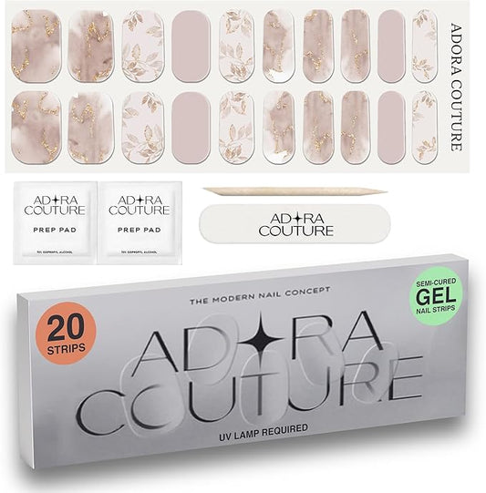 Semi Cured Gel Nail Strips With 20 Pieces - Salon Quality Manicure Kit For Women Easy Application Wraps Includes Prep Pads Nail File Wooden Stick, UV light Required - Mocha Meadow