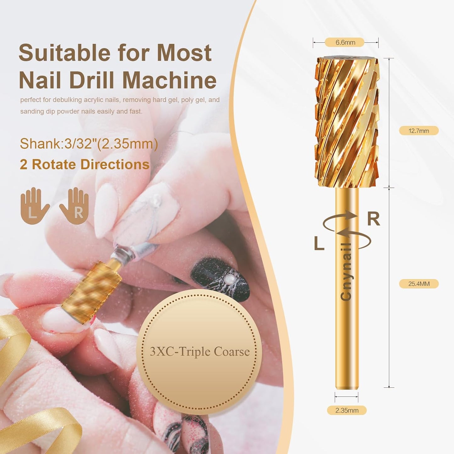 3/32" Large Barrel Flat Top Tungsten Carbide Nail Drill Bit Safety Bit for Gel & Acrylic Removal, 2-Way Rotating Efile Tip, Salon Electric File Accessory (3XC Grit, Gold)