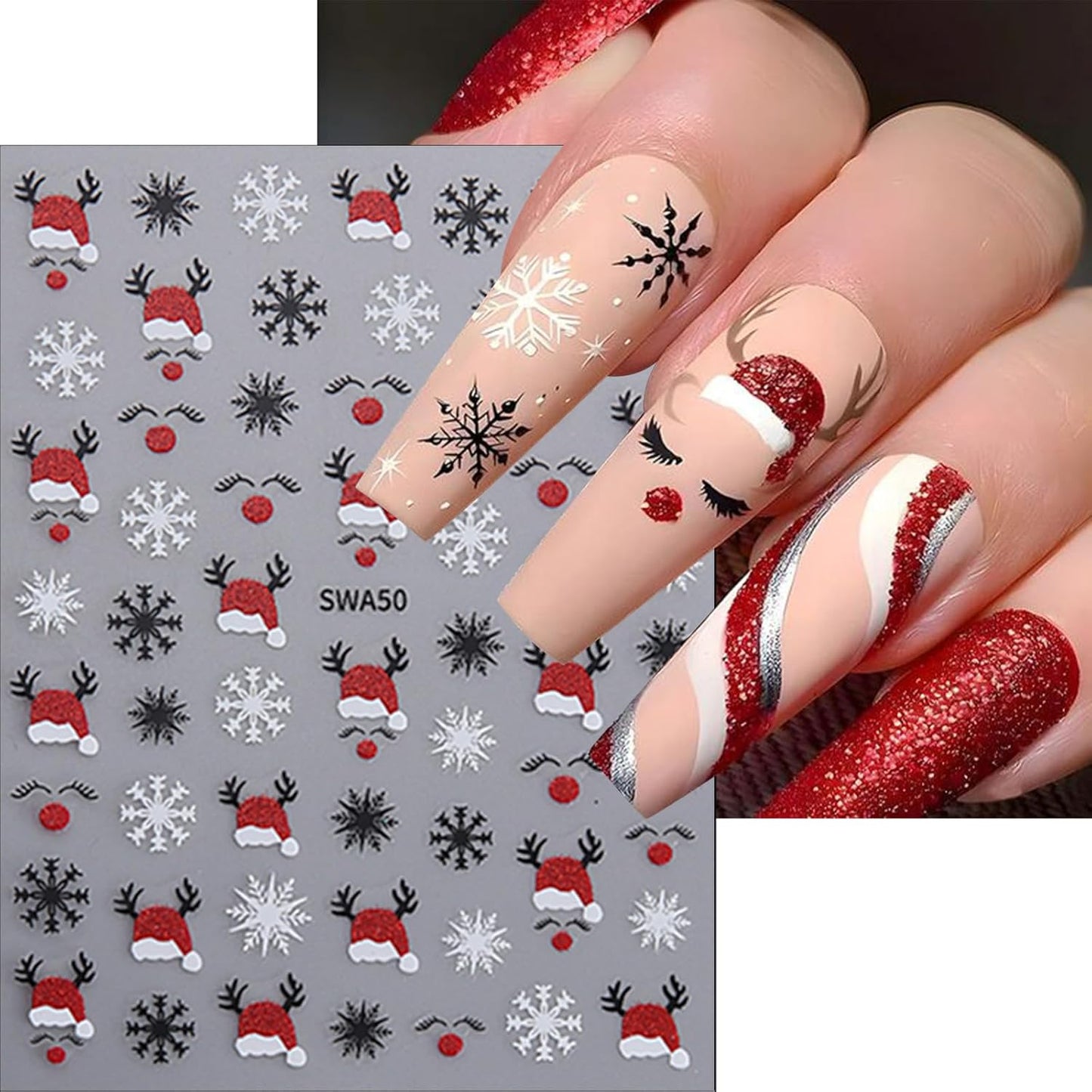 8 Sheets Christmas Nail Art Stickers 3D Self-Adhesive Hot Stamping Elk Snowflake Nail Stickers Glitter Christmas Hat Nail Decals Acrylic Nail Supplies for Women Girls DIY Manicure Decoration