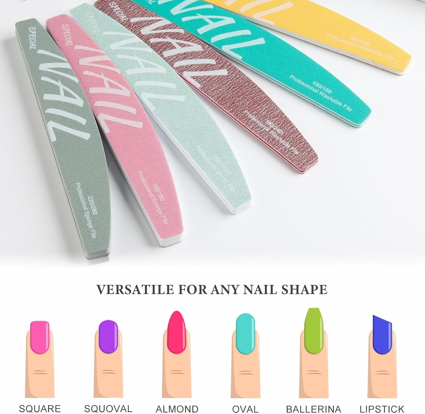Nail Files and Buffers Kit 6Pcs 100/150/180/220/240/280/1000/4000 Grit Professional Emery Boards Reusable Washable Coarse Nail File for Gel Nails