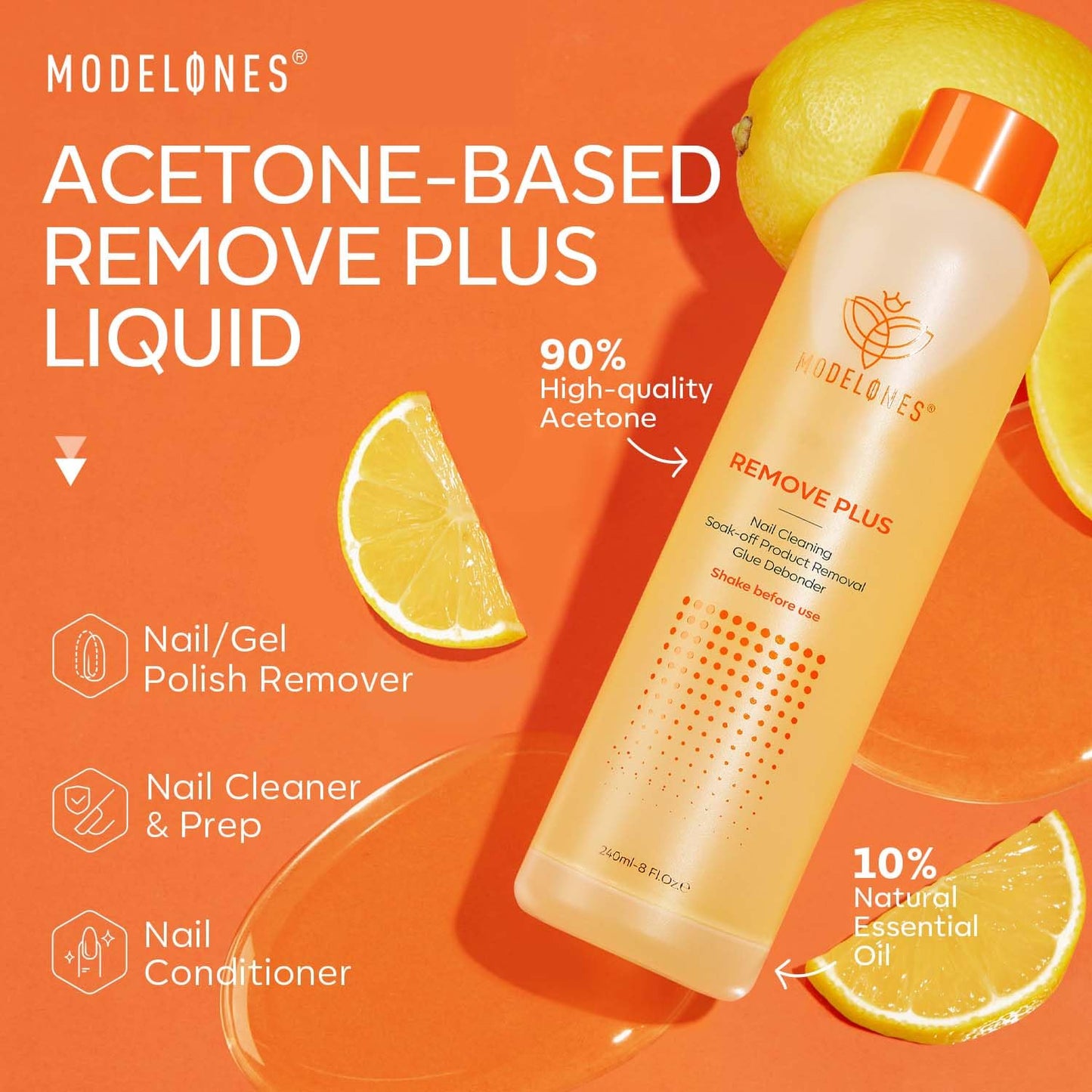 Modelones Acetone Nail Polish Remover, Professional Gel Polish Remover, Nail Glue Remover Natural Formula with Jojoba Oil for Nail Moisturizing & Care, Acrylic Dip Powder Remover(8 FL.Oz.), Lemon