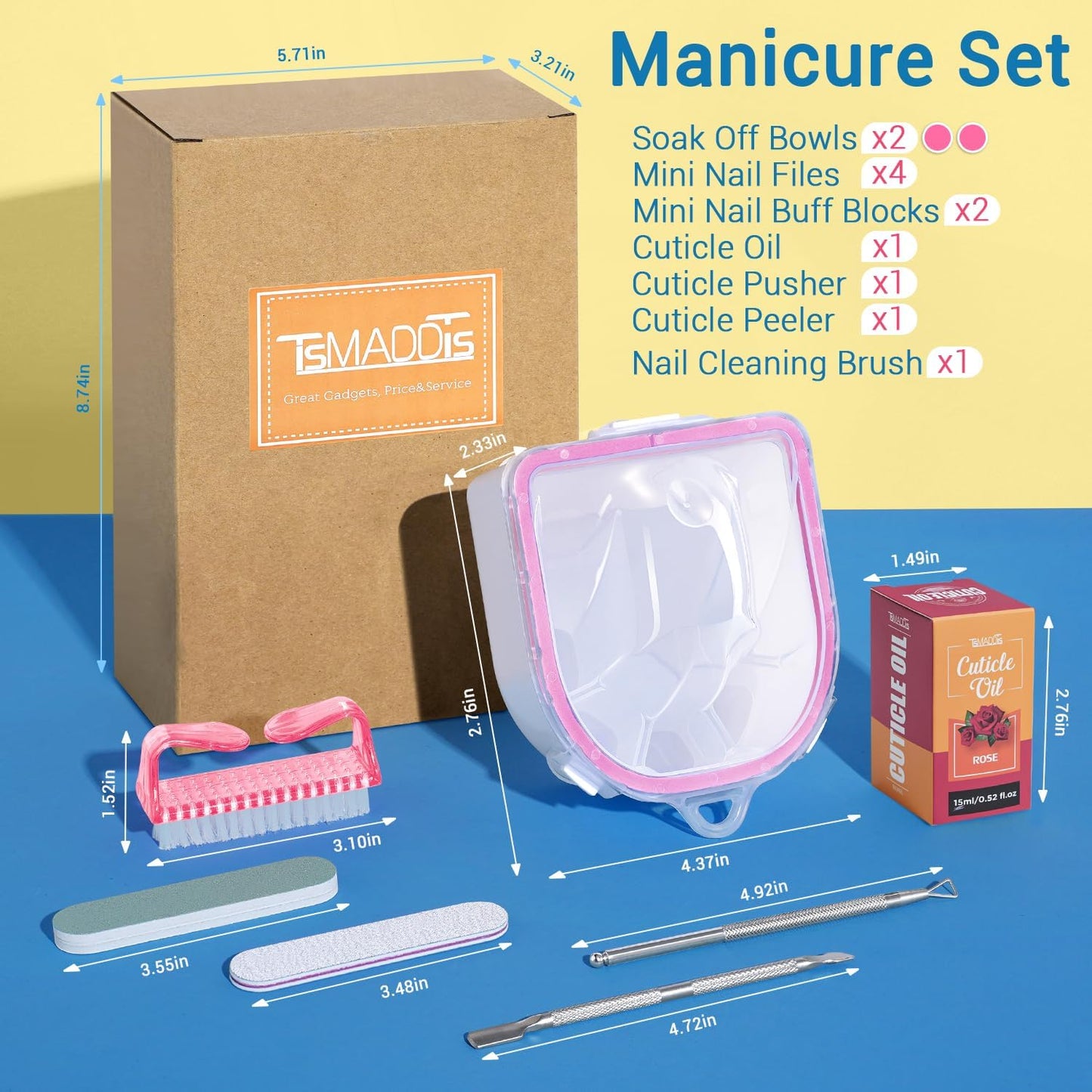 TsMADDTs Nail Polish Remover Kit with 2PCS Nail Soaking Bowls Manicure Bowls for Hands, Cuticle Remover Tools, Cuticle Oil, Files, Buffers, Brush, Dip Removal Kit