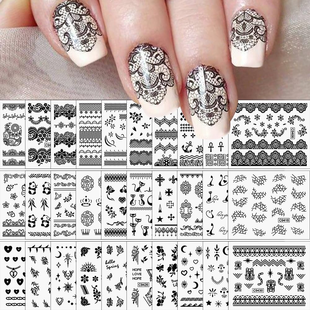 30 Sheets Black Nail Art Stickers 3D Self-Adhesive Black Lace Hollow Nail Decals 3D Black Retro Cat Flower Star Moon Heart Nail Stickers Nail Art Design for Women DIY Acrylic Nails Decoration