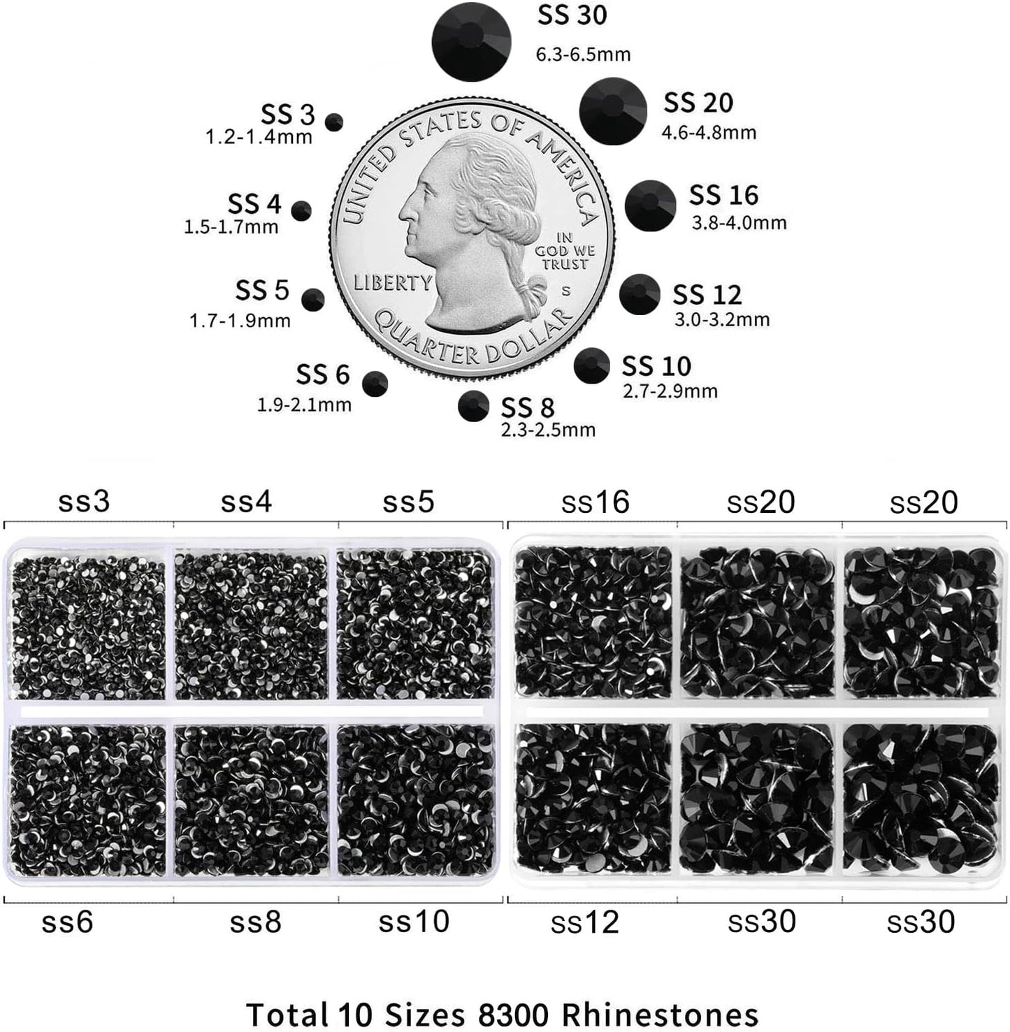 Beadsland 8300PCS Flatback Rhinestones, Black Rhinestone Round Crystal Rhinestones for Crafts, Mixed 10 Sizes with Wax Pencil and Tweezer Kit, SS3-SS30, Jet Black