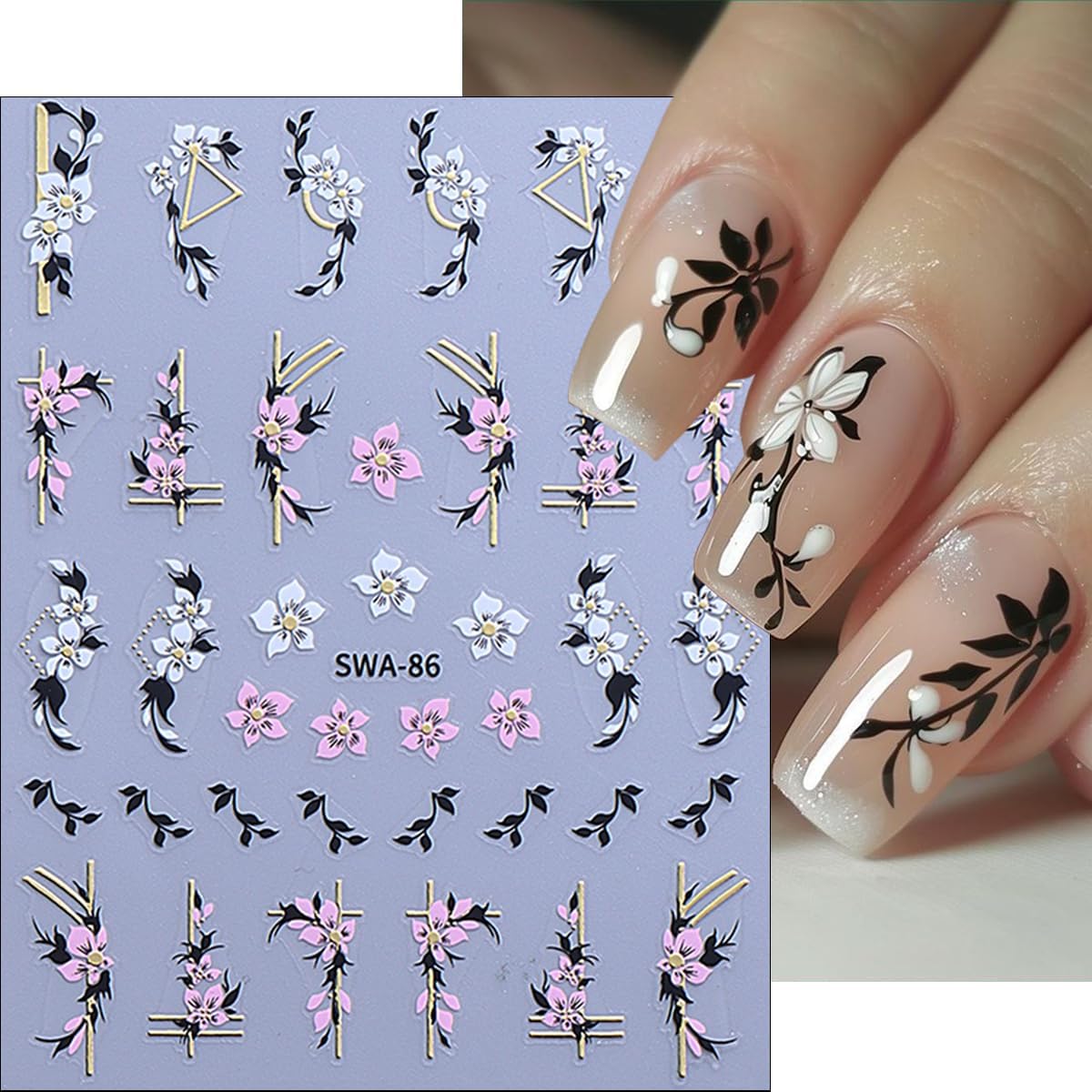 6Pcs Flower Nail Stickers for Nail Art Elegant Floral Nail Decals 3D Self-Adhesive Colorful Blossom Flower Nail Art Stickers Gold Bow Nail Supplies Spring Nail Decoration Accessories for Women Girls