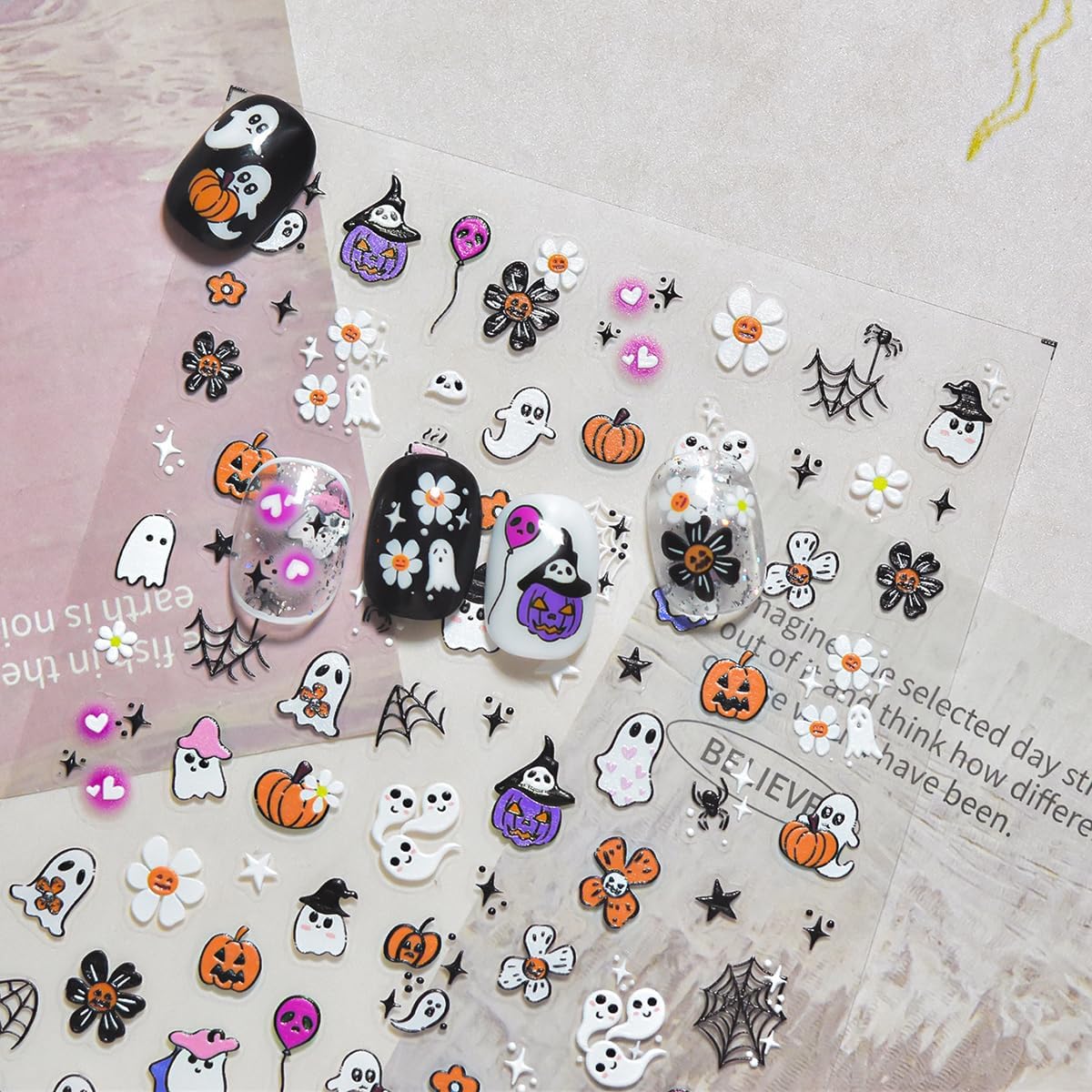5D Embossed Halloween Nail Art Stickers Cute Ghost Nail Decals Self-Adhesive Pumpkin Skull Flower Spider Web Nails Design Stickers Halloween Nails Supplies for Women Holiday Manicure Decorations