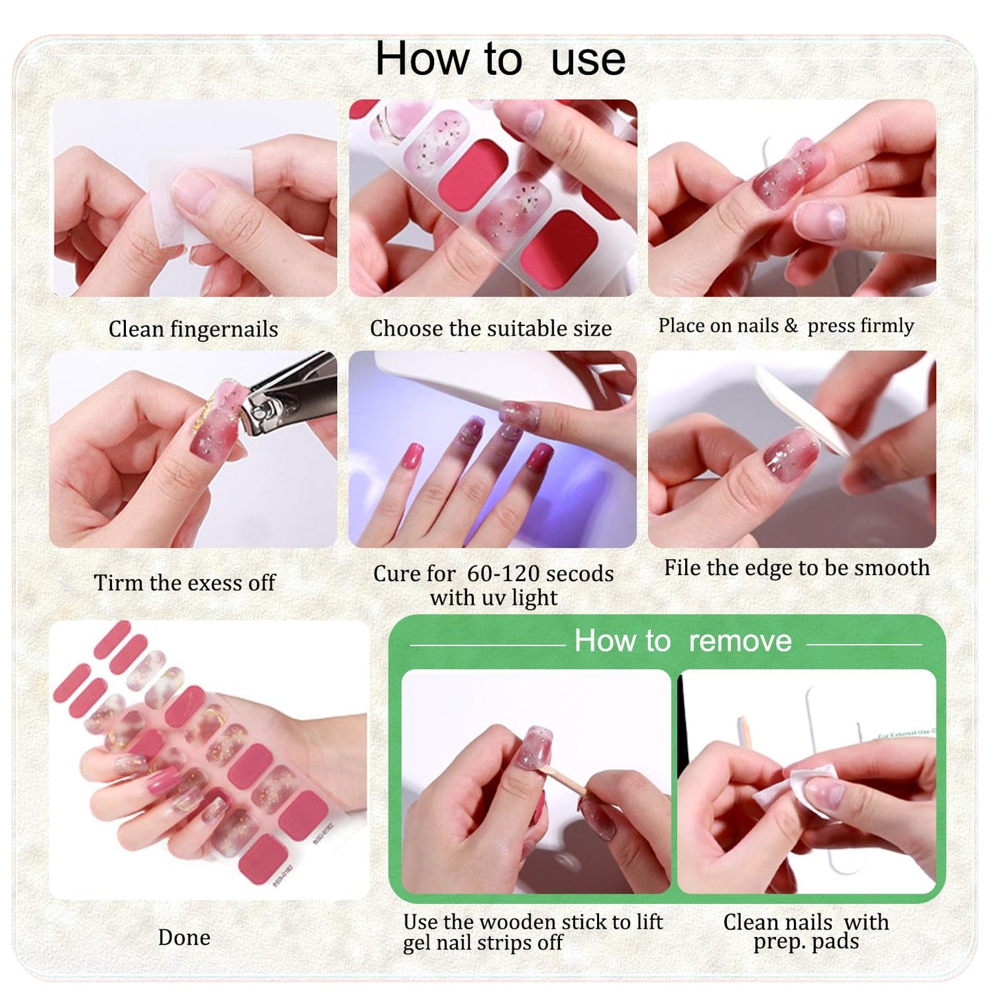 WOKOTO 1 Sheet Semi Cured Gel Nail Strips With Wood Stick, Nail File & Prepared Pads, 20 Tips Black Gradient Glitter Semi Cured Nail Polish Strips, Harden With UV Light Gel Nail Stickers Wraps