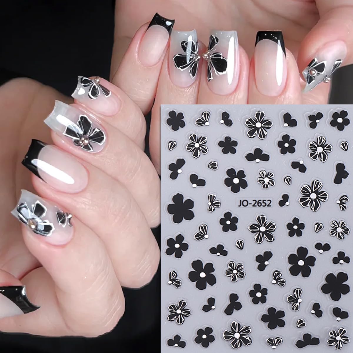 6Sheets Camellia Petals Nail Art Stickers 3D Metallic Flowers Nail Decals Engraved Flower Nail Sticker Black Gold Silver Designs Self-Adhesive Floral Nail Supplies for Women French Manicure Decoration