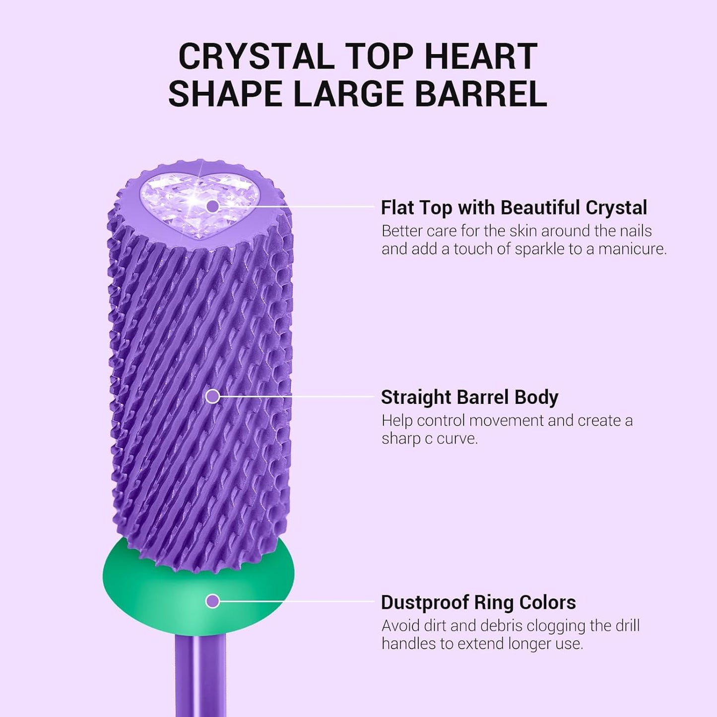 MelodySusie Large Barrel 3/32'' Tungsten Carbide Nail Drill Bit, Crystal Top Purple Heart Shape, Fast Remove Acrylic Gel, Cuticle Gel Polishing for Manicure Pedicure, Purple, Series Bit-S, Coarse