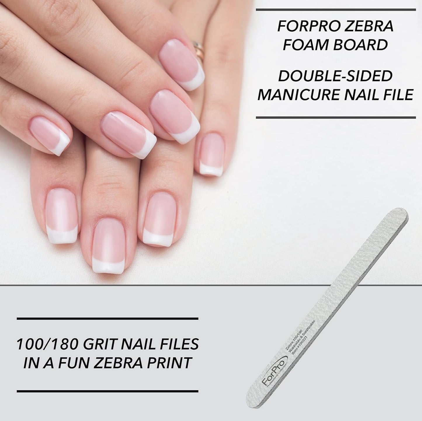ForPro Professional Collection Zebra Foam Board, 100/180 Grit, Double-Sided Manicure Nail File, 7" L x .75" W 50-Count