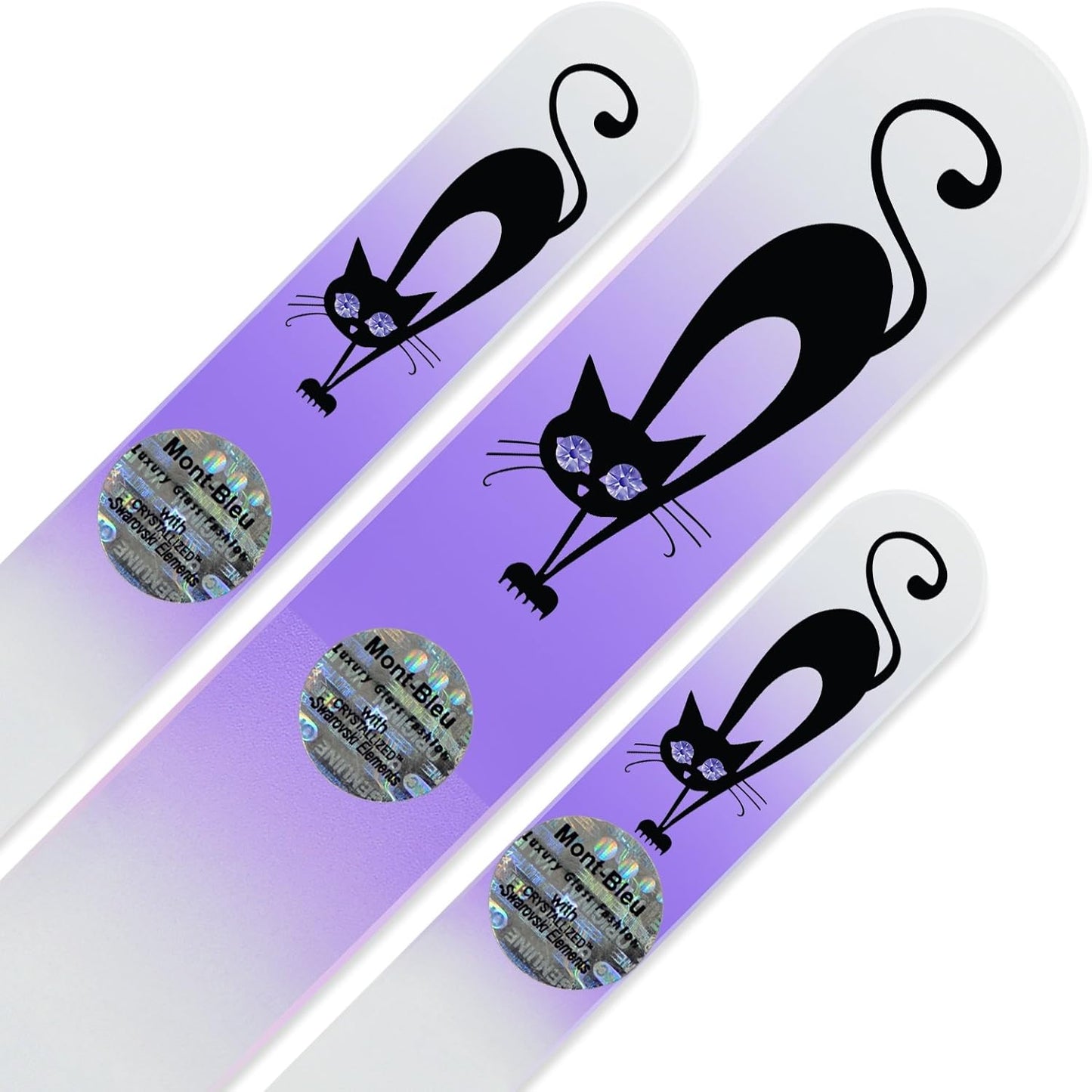 Mont Bleu Set of 3 Cats Glass Nail Files Hand Decorated with Crystals from Swarovski® | Hand Made, Czech Tempered Glass, Lifetime Guaranty