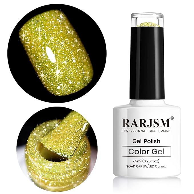 RARJSM Reflective Gel Nail Polish, Yellow Gel Nail Polish, 7.5ml 0.25Floz Yellow Nail Glitter Gelpolish Summer Candy Collection Diamond Shimmer for Starter Nail DIY at Home U V L E D Cure Required