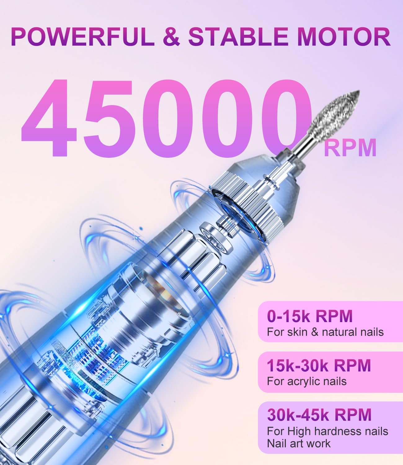 Electric Nail Drill Professional, 45000 RPM Rechargeable Nail Drill Kit, Electric Nail File for Acrylic, Manicure & Pedicure & Polishing Tools for Home Salon, Pink