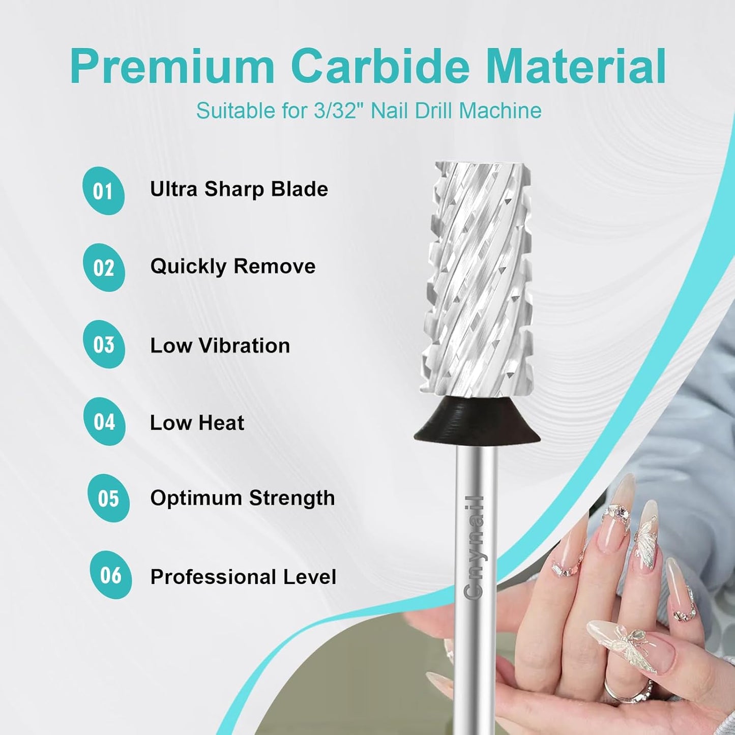3/32" Large Tapered Barrel Flat Bit Tungsten Carbide Nail Drill Bit Safety Bit for Gel & Acrylic Removal, 2- Way Rotating Efile Tip, Salon Electric File Accessory (XC Girt, Silver)