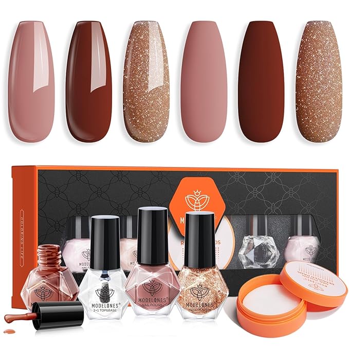 Modelones Nail Polish Set with 42 Pcs Remover Pads and Base Top Coat, 3 Colors Brown Glitter Mini Nail Polish Kit Fingernail Polish Bulk Manicure Diy Nail Art Salon Home