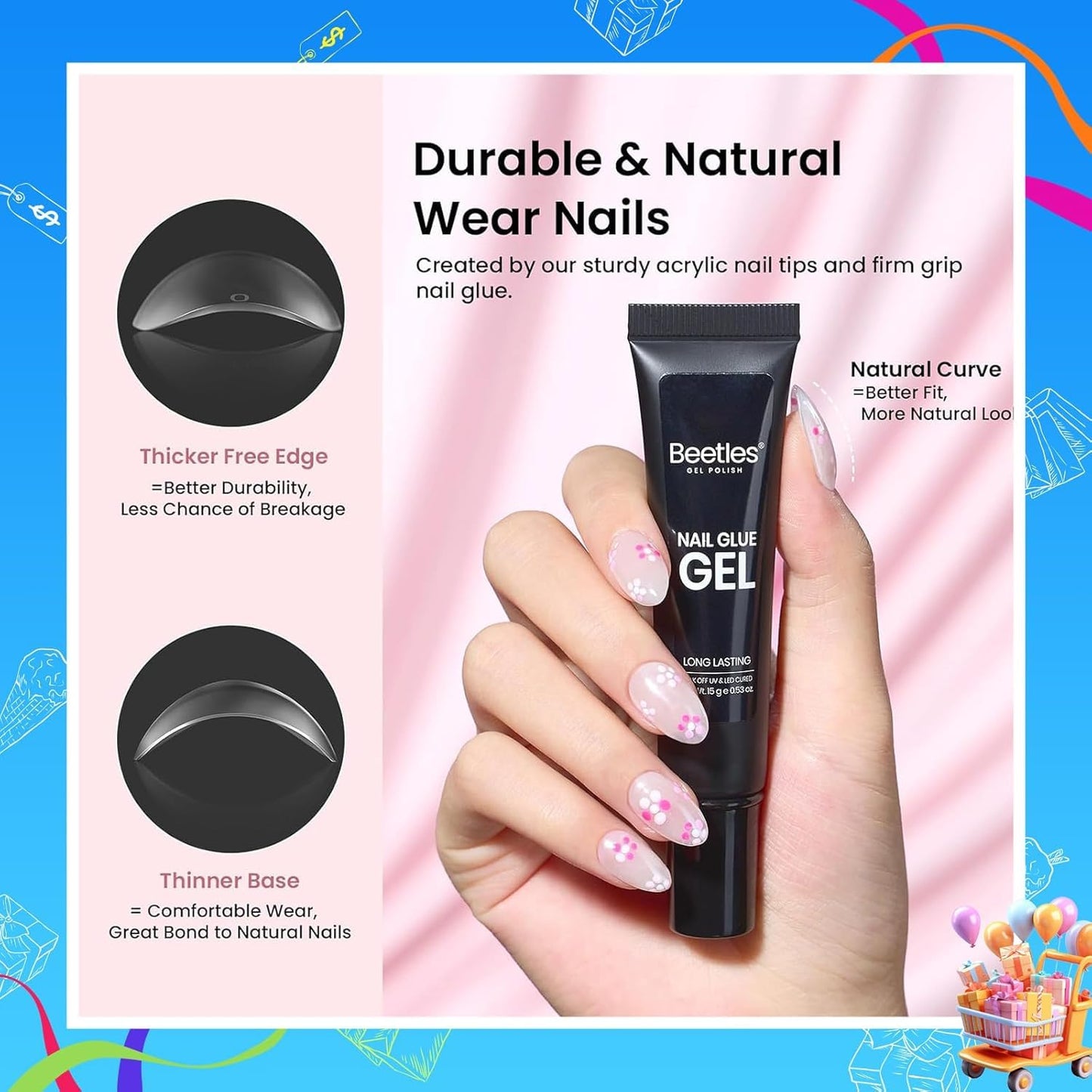 Beetles Gel Nail Kit Short Almond with Nail Dehydrator and Primer, 576Pcs Half Matte Etch-X Gel Nail Tips Solid Nail Glue Mini Nail Lamp Acrylic Nail Tips Easy DIY Nail Extension Set Gift for Women