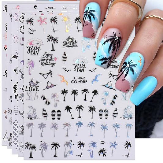 Summer Palm Tree Nail Art Stickers - Glitter Beach Mermaid Self-Adhesive Nail Decals for DIY Anchor Shell Coconut Tree Flamingo Manicure (6 Sheets)