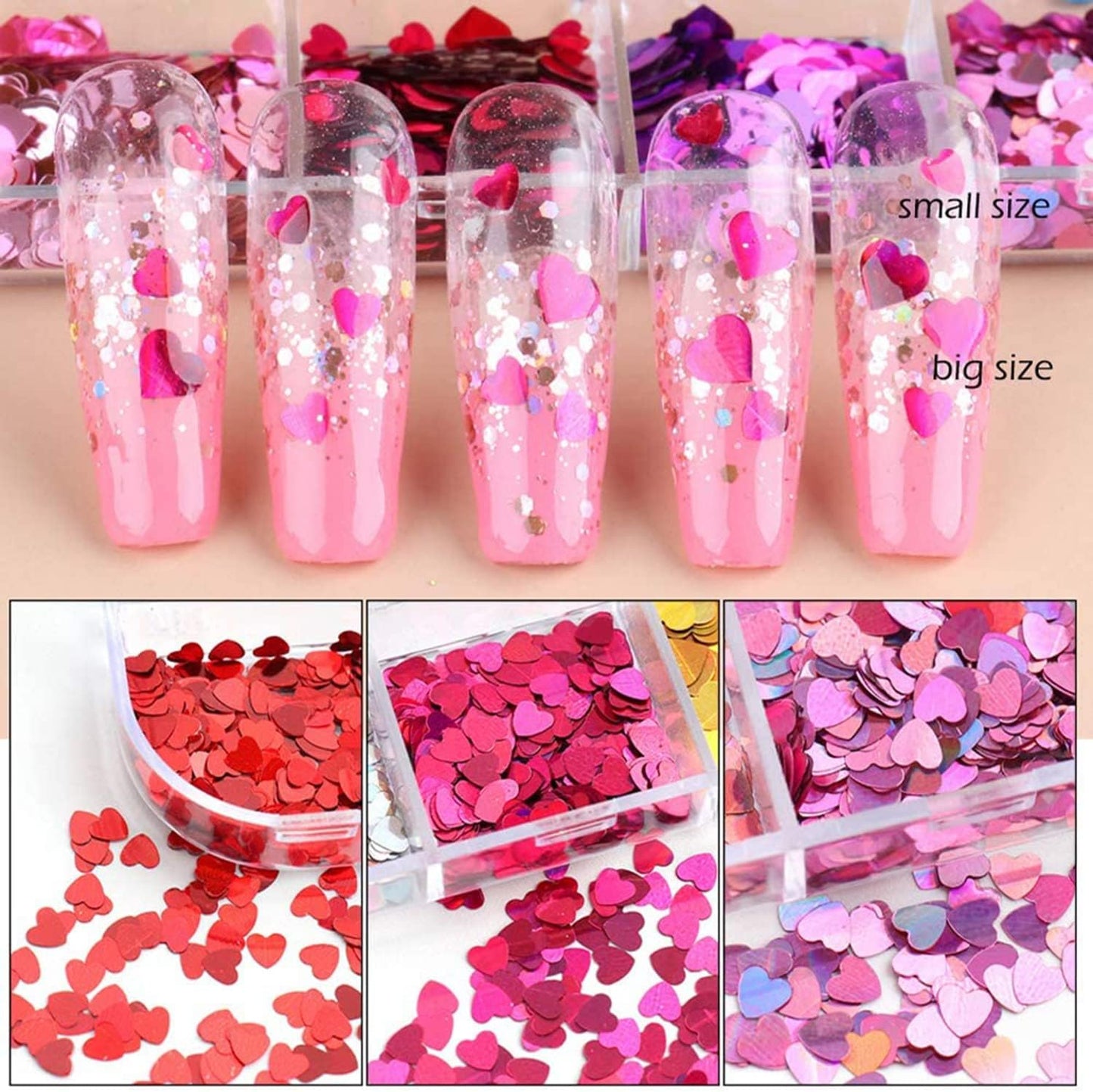 Heart Nail Art Glitter Sequins, 3D Love Heart Nail Flakes Design, Holographic Laser Big Small Hearts Nail Art Supplies for Women Girls Manicure Sparkle Decorations, DIY Body Makeup Kit(2 Boxes)