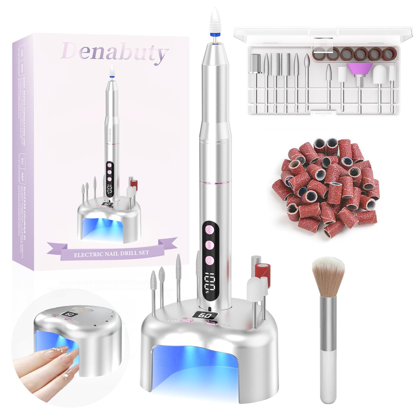 Cordless Electric Nail Drill File: 35000RPM Professional Nail Drill Machine with UV LED Nail Lamp Charging Base, Manicure Pedicure Kit E File for Acrylic Gel Dip Powder Polish Silver