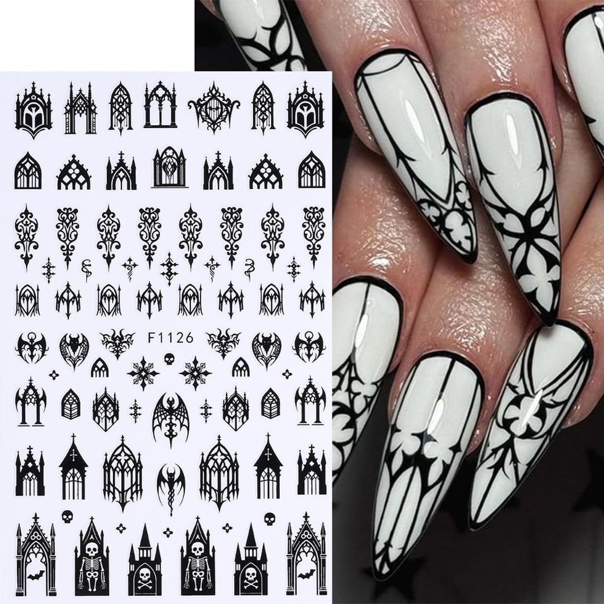 Halloween Nail Art Stickers Decals 3D Gothic Nail Stickers 6PCS Black Skulls Bat Gothic Architecture Design Self-Adhesive Nail Decals Y2K Manicure Accessories for Women Holiday Nail Art Decorations