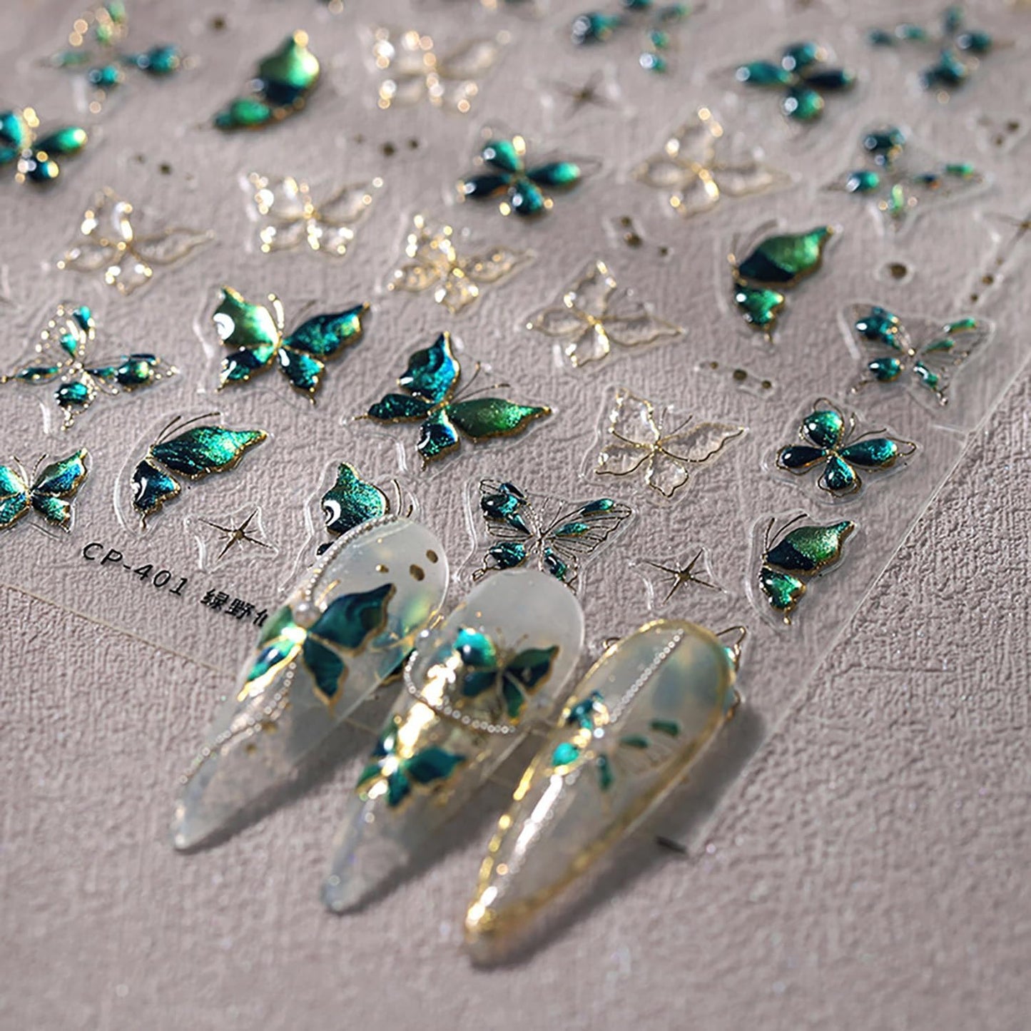 Butterfly Nail Stickers for Acrylic,5D Embossed Nail Art Stickers Self Adhesive Green Butterfly Nails Decals Gold Edge Butterflies Nails Supplies Crystal Jelly Designs for Women Spring Manicure