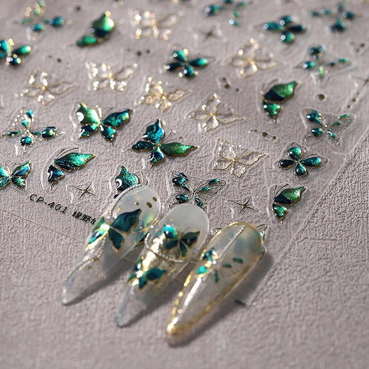 Butterfly Nail Stickers for Acrylic,5D Embossed Nail Art Stickers Self Adhesive Green Butterfly Nails Decals Gold Edge Butterflies Nails Supplies Crystal Jelly Designs for Women Spring Manicure