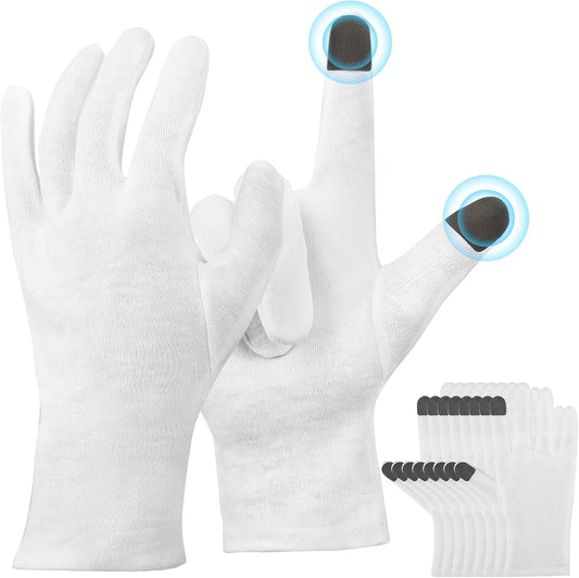 Extra Large Touch Screen Gloves, 5 Pairs White Cotton Gloves for Art Handling, Coin Handling, Jewelry, Photography, for Dry Hands Sleeping, with Pack of 20 Touch Screen Stickers
