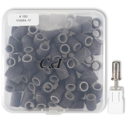C & I Nail Sanding Bands 100 PCS Plus Upgrade Mandrel 1 PC, Nail Drill Bits for Acrylic Gel Nails Remove, Natural Nails Buffer for Nail Prep and Nail Shiner (Black, #150 Middle)