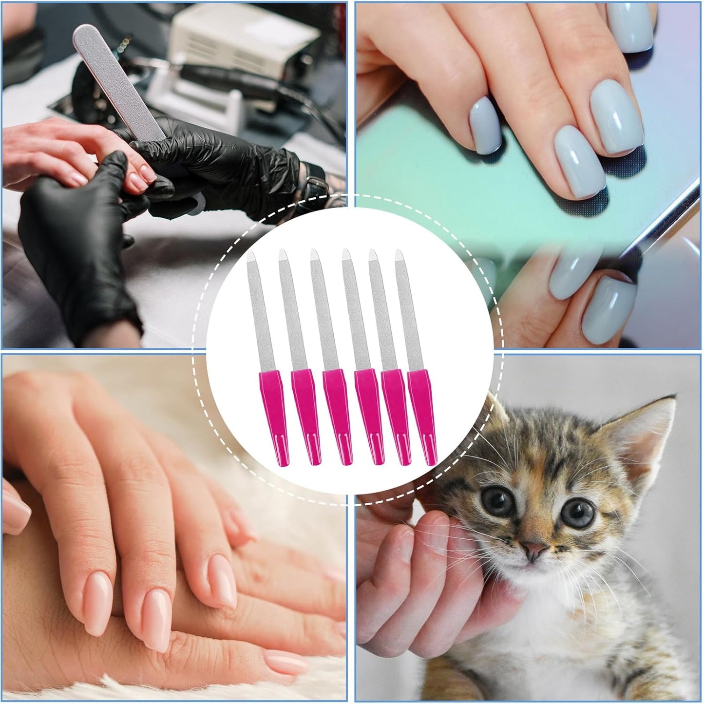 Metal Nail Files with Sharp Pointed Tip Made of Stainless Steel Non Slip Handle, Nail File Double Sided Sapphire Grit for Natural Nails Fingernails limas de uñas metálicas Color Pink (6 Pcs)