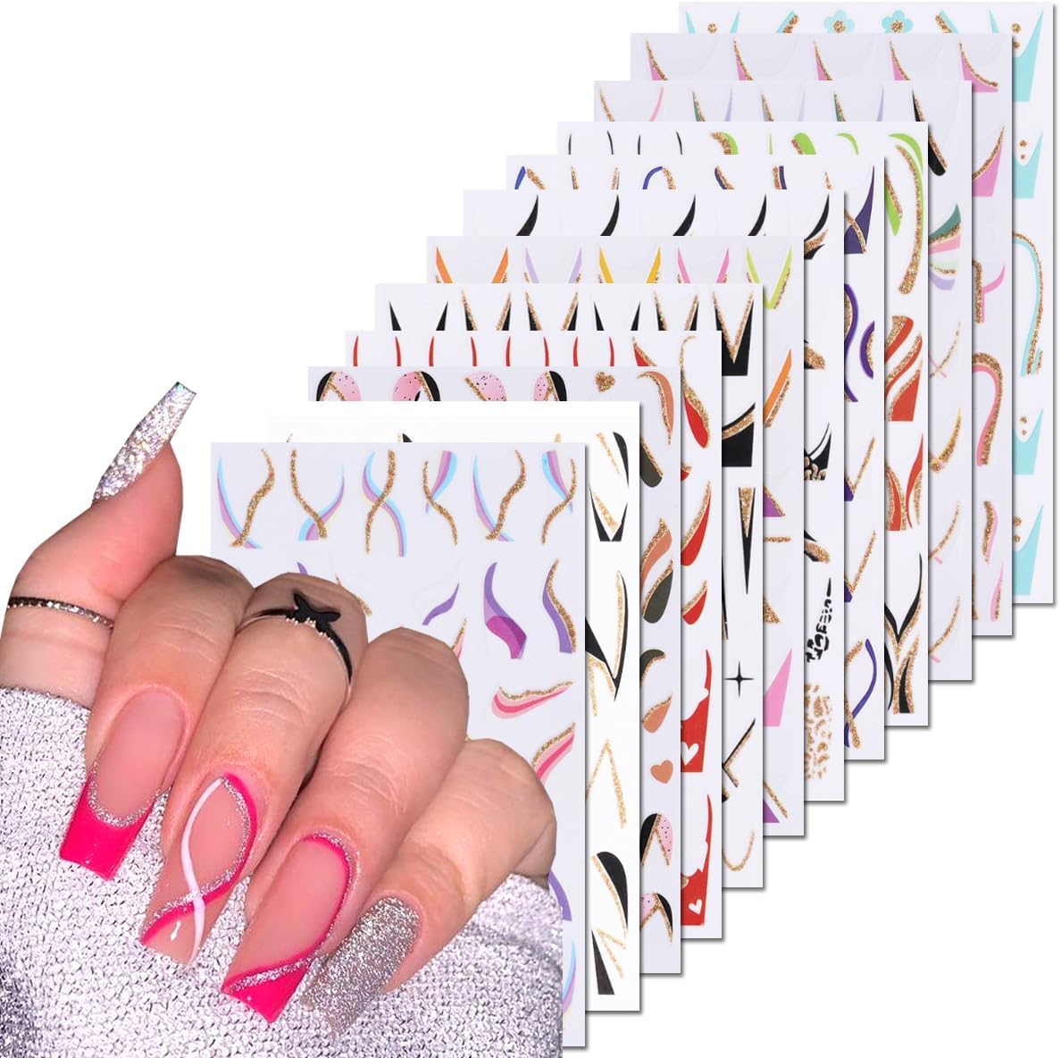12PCS Line Nail Stickers 3D Colorful Lines Nail Decals Self-Adhesive Nail Art Supplies Gold Glitter Curve Waves Pink Stripes Nail Designs French Nail Tips DIY Manicure Decoration Accessories for Women