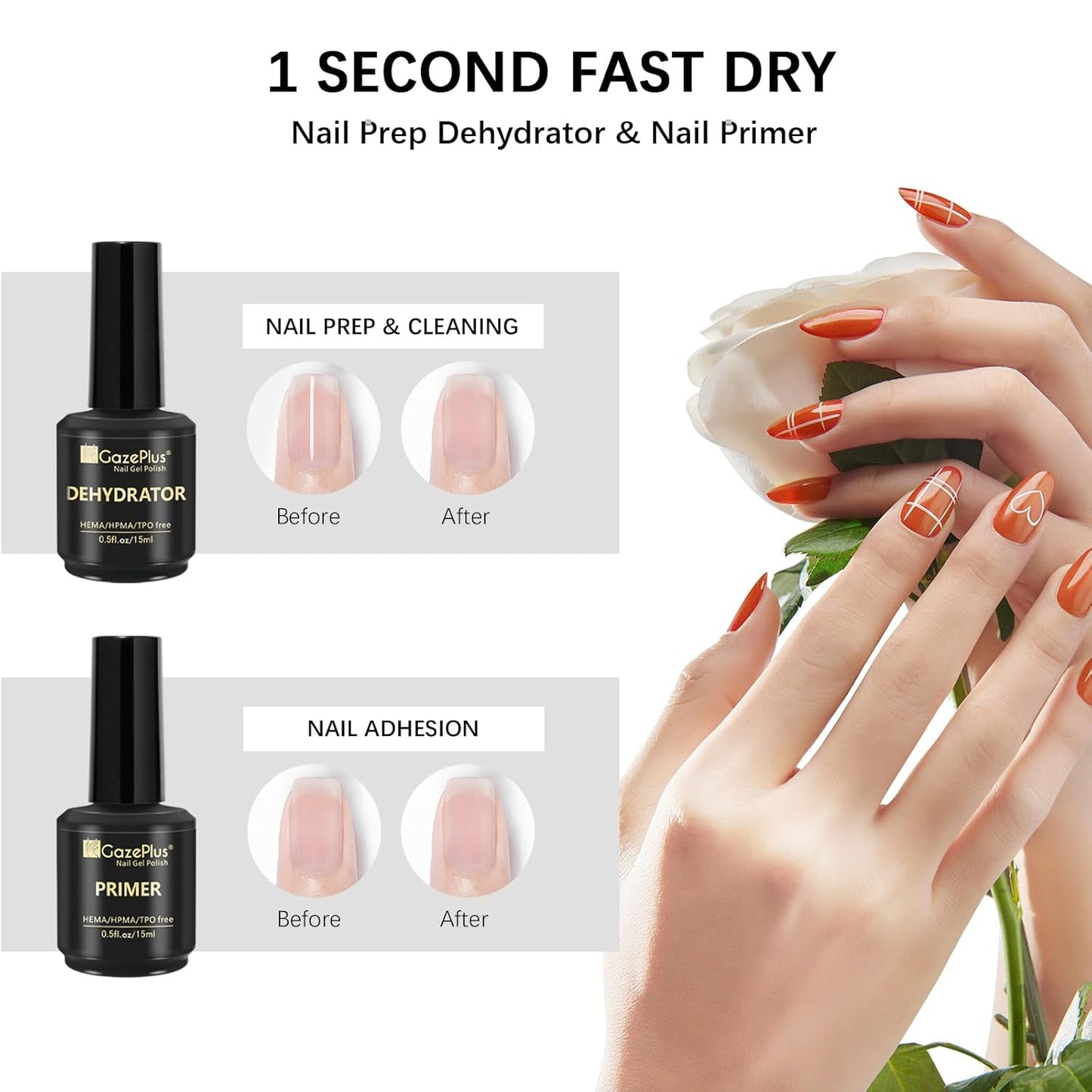 15ML Top Coat & Base Coat Set with Nail Primer and Nail Prep Dehydrator, Acid-Free Hema-free Dehydrate & Primer Set Shiny Top Coat for Acrylic Gel Nail Gel Polish Manicure Christmas Gift