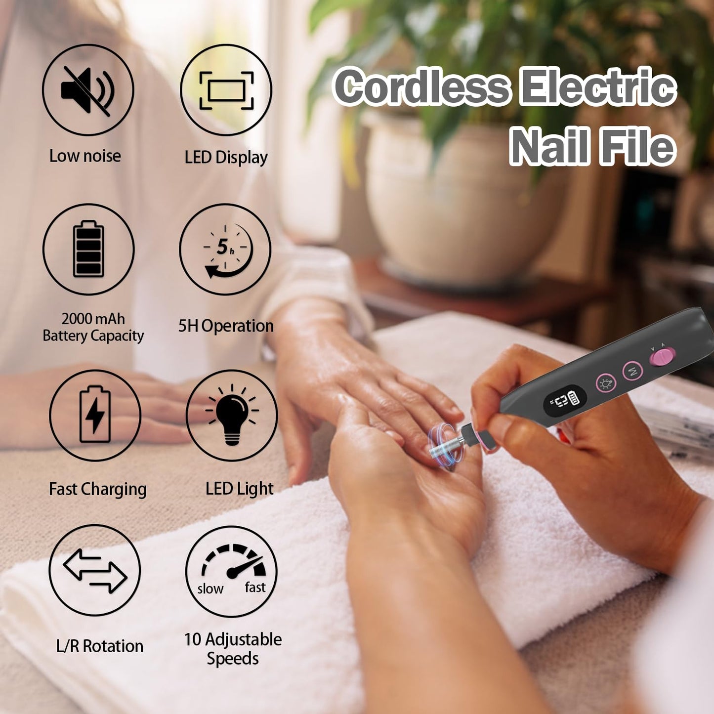 Electric Nail File, 10 Speeds Cordless Nail Drill with LED Light, Portable Manicure Pedicure Kit for Acrylic Gel Nails Thick Toenails Nail Grind, Hand Natural Nails Care - 10 Bits & 120 Sanding Bands