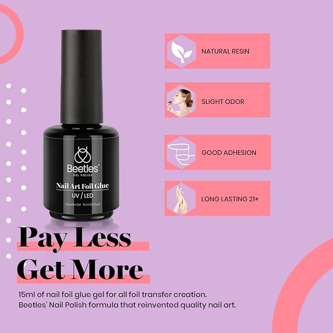 Beetles Nail Foil Glue Gel 2 Bottles 15ML with 20PCS Flower Butterfly and Metal Foil Stickers Set Nail Transfer Glues Manicure Art DIY Nail, LED Lamp Required Soak Off