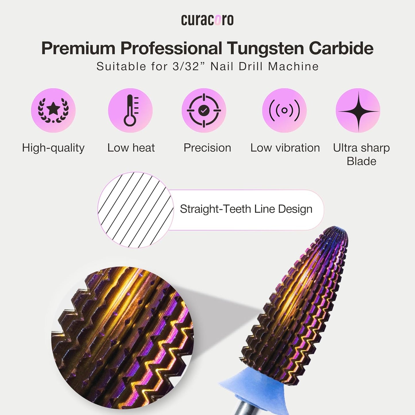 Curacoro Nail Drill Bits 3/32'' - Typhoon Bits, 2 Way, Carbide Bit (Medium) for Professional Finish, Fast Remove, Refine & Smooth Acrylic or Gel Nails, Precise & Easy Control, Nail Art Salon & Home