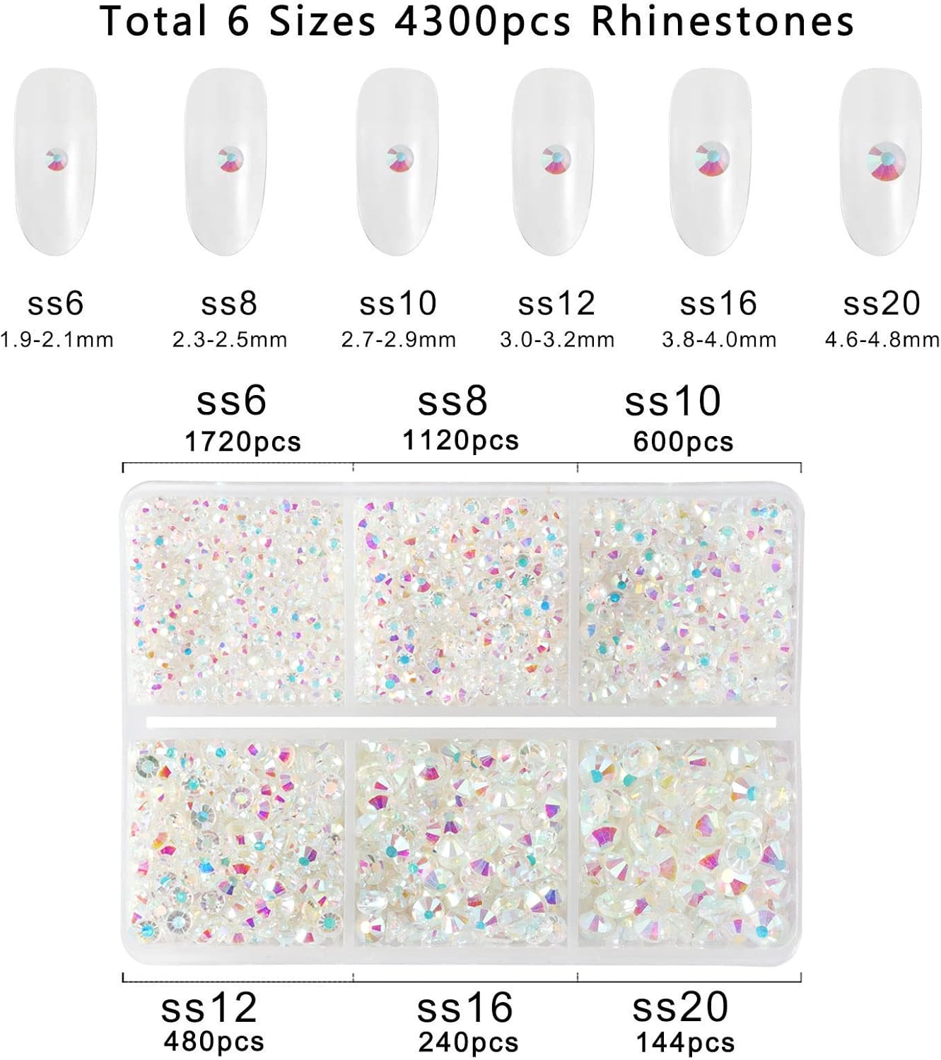 Beadsland 4300pcs Flatback Rhinestones,Transparent AB Rhinestone Nail Gems Round Crystal Rhinestones for Crafts,Mixed 6 Sizes with Picking Tweezers and Wax Pencil Kit, SS6-SS20,Transparent AB